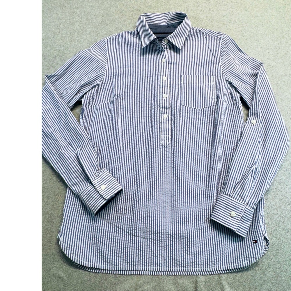 Tommy Hilfiger Seersucker Tunic Womens Small Blue White Striped Popover‎ Shirt